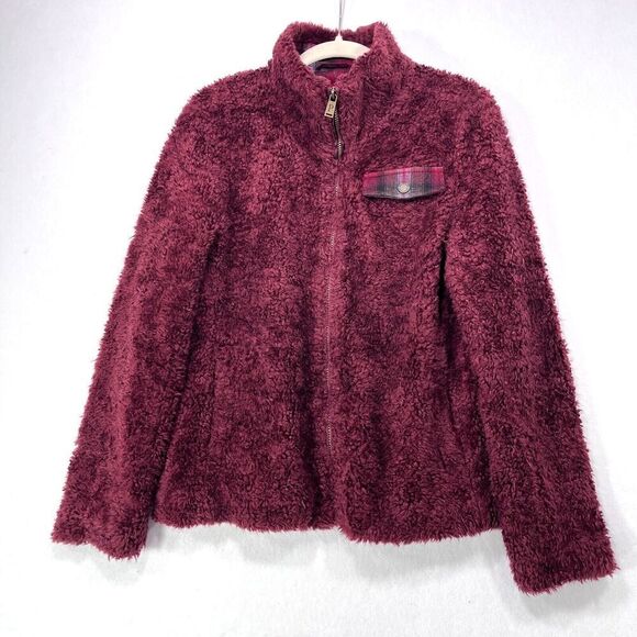 Pendleton Jacket Women Large Burgundy High Pile Fleece Wool Plaid Lining Warm - Picture 1 of 11